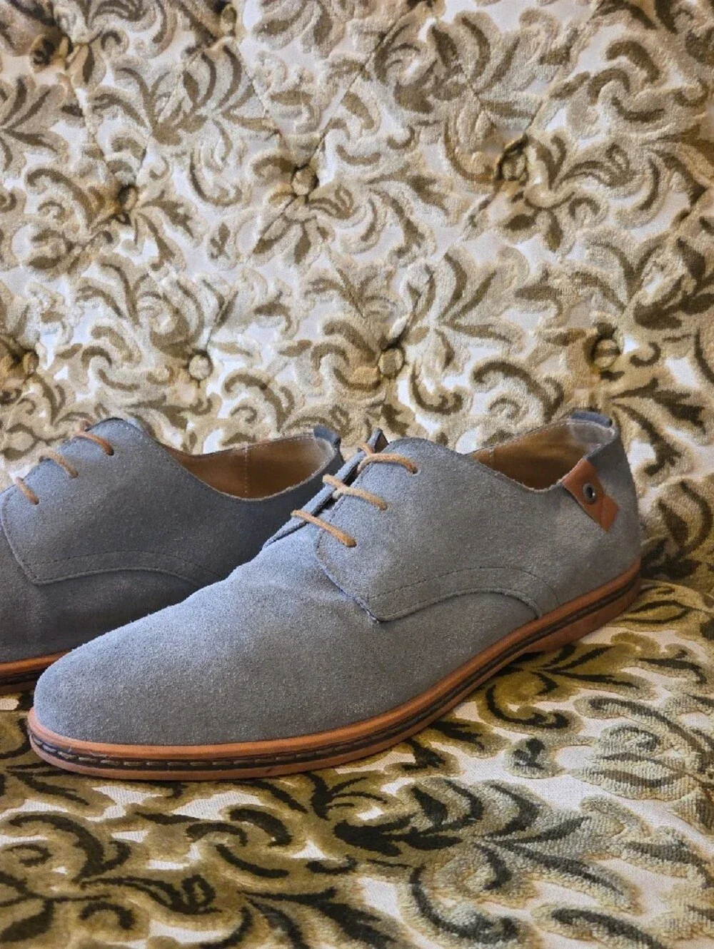 Hand-Stitched Suade Derby Shoes, Light Gray/Blue